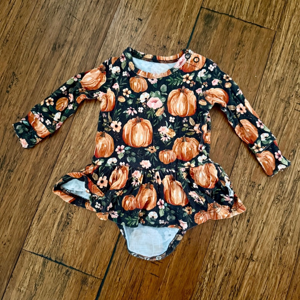 Bamboo Pumpkin Floral Ruffle Skirt Bodysuit Long Sleeve 3M Fall Halloween